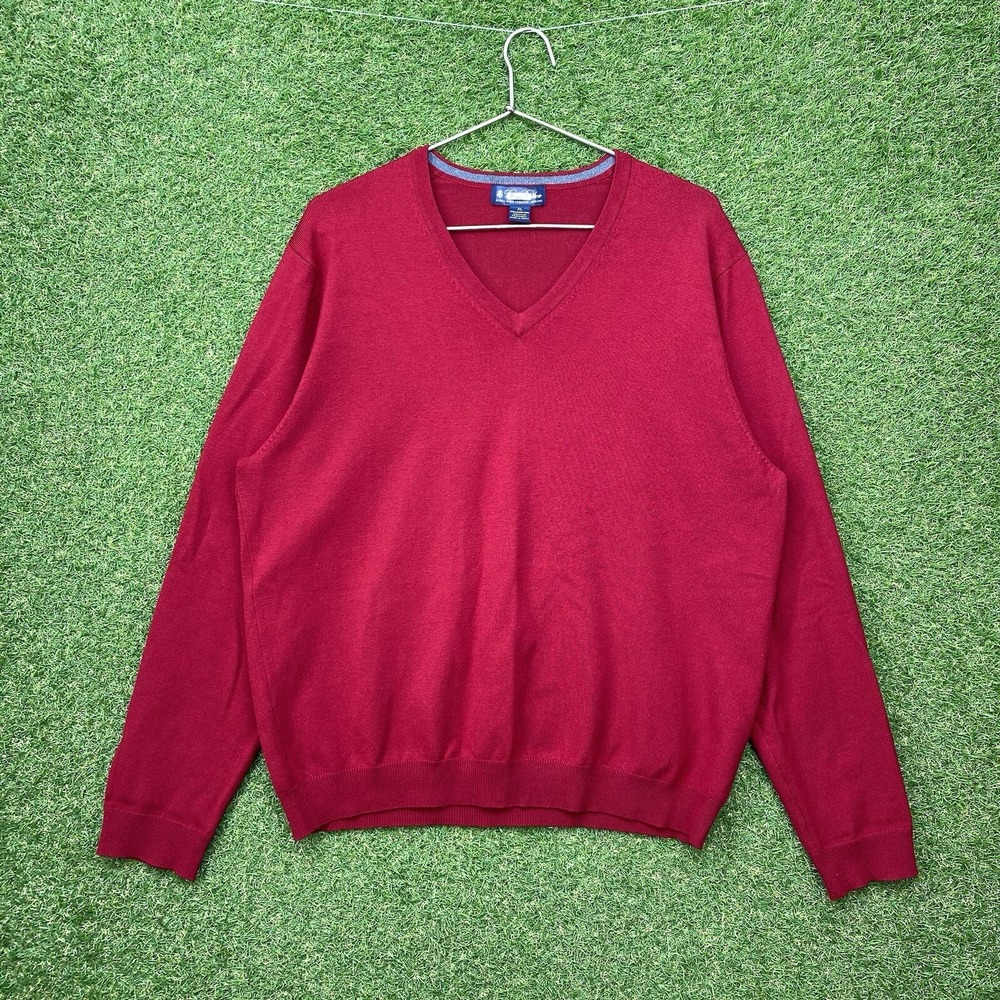 Brooks Brothers Merino Wool Sweater Mens XL Red Knit V Neck Slim Fit Pullover